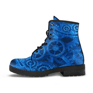 Steampunk Clockwork Gears Bright Blue Lace Up Combat Boots - Gothic Steampunk Boots - Electric Blue Steampunk Boots  (JPREGDAVEB)
