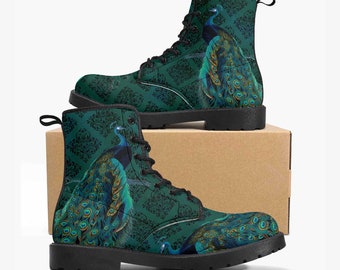 Peacock Boots - Blue, green Vegan Leather Boots (JPREG53)