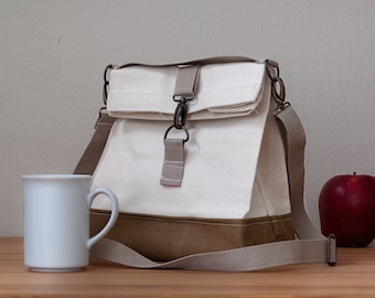 Lunch bag with shoulder strap, Thick raw fabric lunch bag, Adjustable shoulder strap and hand strap