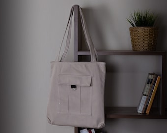 Zippered Tote Bag, Beige Shoulder Bag, Everyday Bag