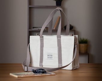 Canvas tote bag with shoulder strap, Mini tote bag with thick fabric, Weekend bag with zippered pocket. Green and beige strap.