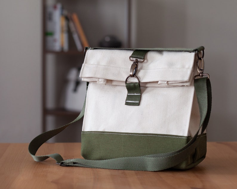 Lunch bag with shoulder strap, Thick raw fabric lunch bag, Adjustable shoulder strap and hand strap Green bottom image 1