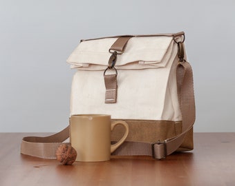 Tan Bottom Lunch Bag, Thick Canvas Lunch Box,  Handbag with Shoulder Strap