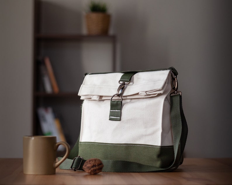 Lunch bag with shoulder strap, Thick raw fabric lunch bag, Adjustable shoulder strap and hand strap Green bottom image 5