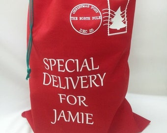 Personalised santa sack - add any name. Special delivery.  made in England