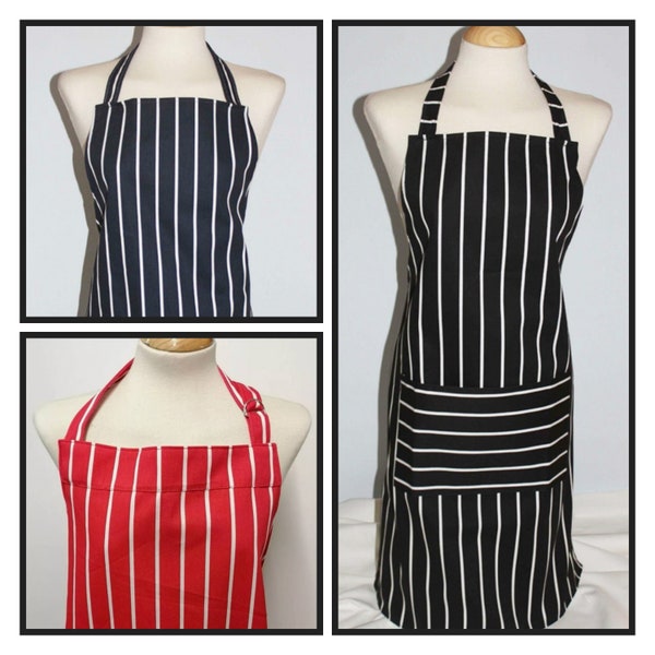 Large cotton butchers stripe apron , Red, Navy and Black available. Made in England