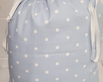 100% cotton laundry bag - pale blue with white spots. Made in UK