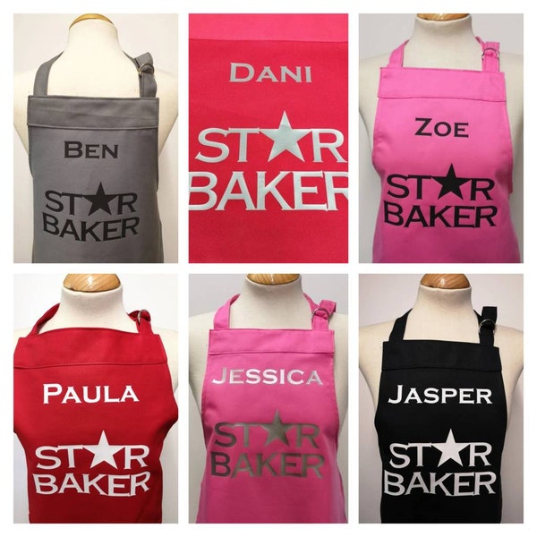 9 - 12 yrs kids star baker apron - personalised gift . Available in red, black and pink. Made in England