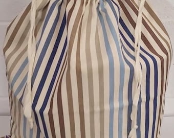 100% cotton laundry bag - Brown / Blue stripes. Option to personalise. Made in Uk