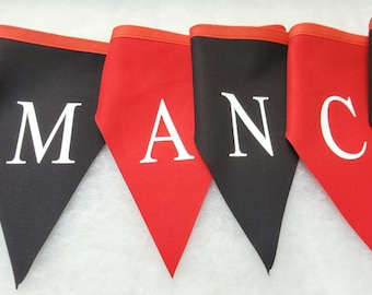 Manchester united printed bunting - red and black flags with white lettering