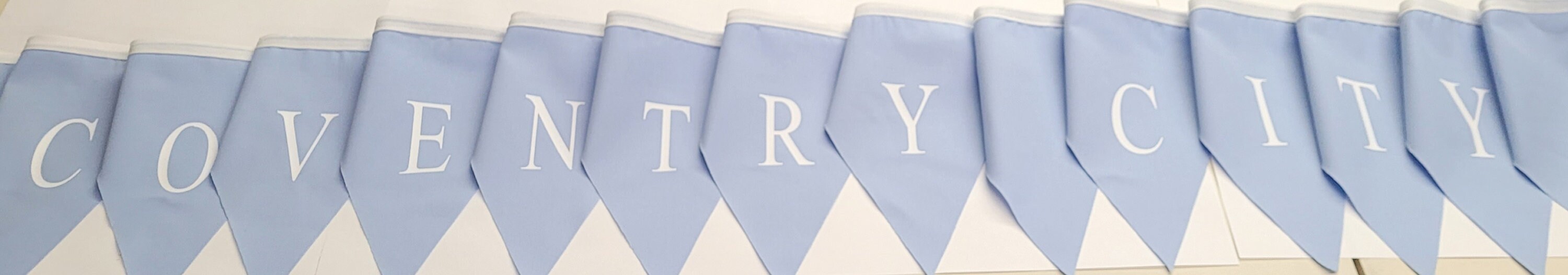 Coventry city printed bunting , pale blue flags with white vinyl print. Made in England