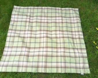 Green tartan picnic blanket with carry strap - made in England
