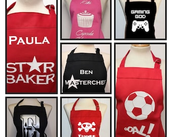 9 - 12 yrs printed aprons - option to personalise. Star baker / football / cupcake. Made in England. Personalised gift