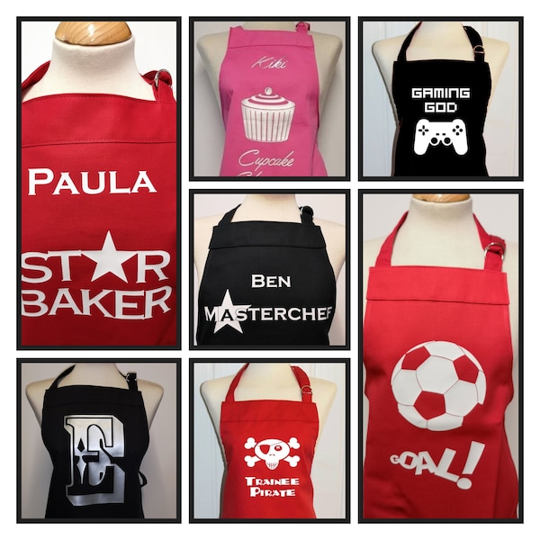 9 - 12 yrs printed aprons - option to personalise. Star baker / football / cupcake. Made in England. Personalised gift