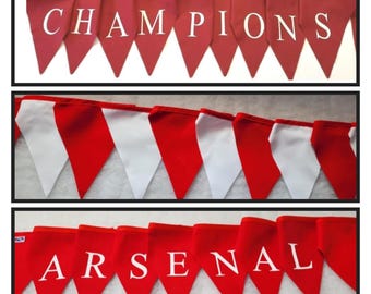 Arsenal fabric bunting, printed champions , arsenal.  plain 10 mtr red and white ..made in England