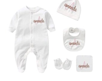 Personalised Embroidery Hospital Outfit Set for Newborn Baby Girl Gift with Name - 5 Pieces