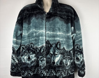 Vintage 90s Wolves All Over Print Fleece Jacket Made in USA Cobblestone Canyon