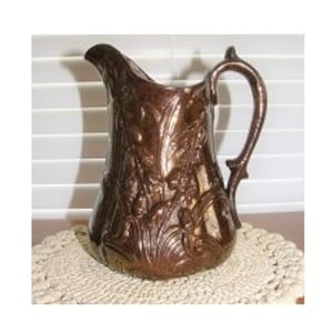 Antique Rockingham Milk Jug Pitcher Glaze Copper Embossed Flowers Free Shipping Canada USA