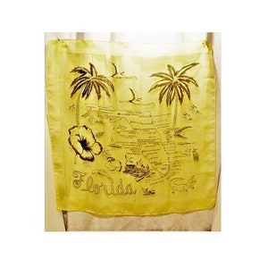 Vintage 1950's foulard souvenir de la Floride Jaune 26" x 26" Livraison Gratuite Canada USA