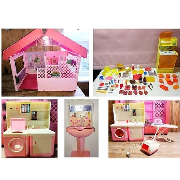 Huge Lot of Barbie Dollhouse Items "Fold and Fun" Furniture Accessories 1970-80-90 Laundry Kitchen Free Shipping Canada USA