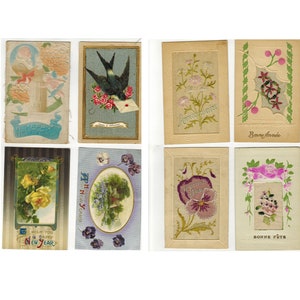 Lot de 8 cartes postales anciennes antique fleurs brodées et paysage soie Livraison Gratuite Canada USA