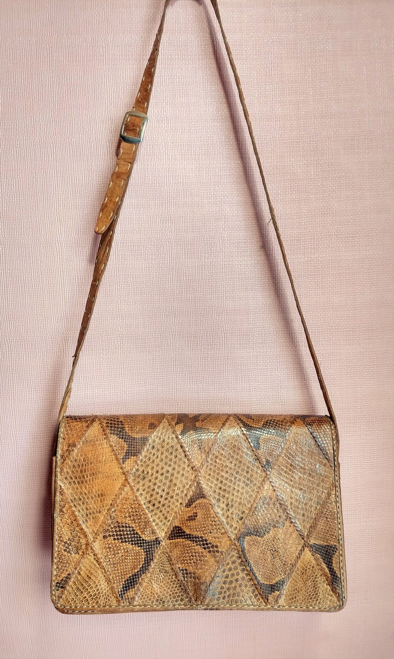 Bag Sacoche Leather Purse and vintage snakeskin 1960-70s Belle Patine Free Shipping