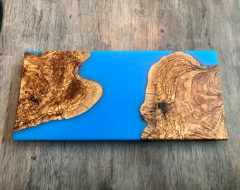 Olive Wood and Blue Ice Epoxy Charcuterie Board