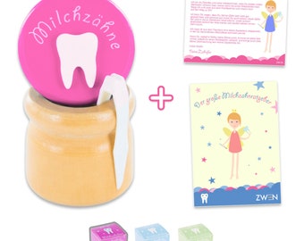 Milchzahndose aus Holz für Mädchen in Pink mit Zahnfee Brief und E-Book - Zahndose / Milchzahnbox - Zahnfee Geschenk (Schraubverschluss)