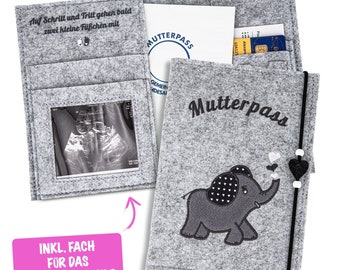 Mutterpasshülle aus Filz mit Elefant Stickerei - Mutterpass Organizer / Hülle - Mutterpasshülle aus Stoff personalisierbar mit Bild, Elefant