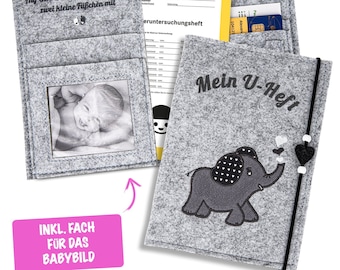 U Heft Hülle mit Elefant in Grau - U Hefthülle aus Filz - U Heft Organizer mit Impfpass Fach personalisierbar mit Bild - MEIN U-HEFT