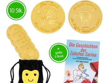 Zahnfee Münzen als Zahnfee Geschenk (10Stk.) / Geschenke von der Zahnfee, Zahnfee Münze + Zahnfee Buch (im Samtbeutel) - Milchzähne sammeln