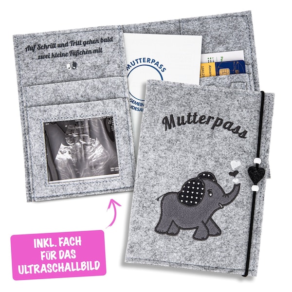 Mutterpasshülle aus Filz mit Elefant Stickerei - Mutterpass Organizer / Hülle - Mutterpasshülle aus Stoff personalisierbar mit Bild, Elefant