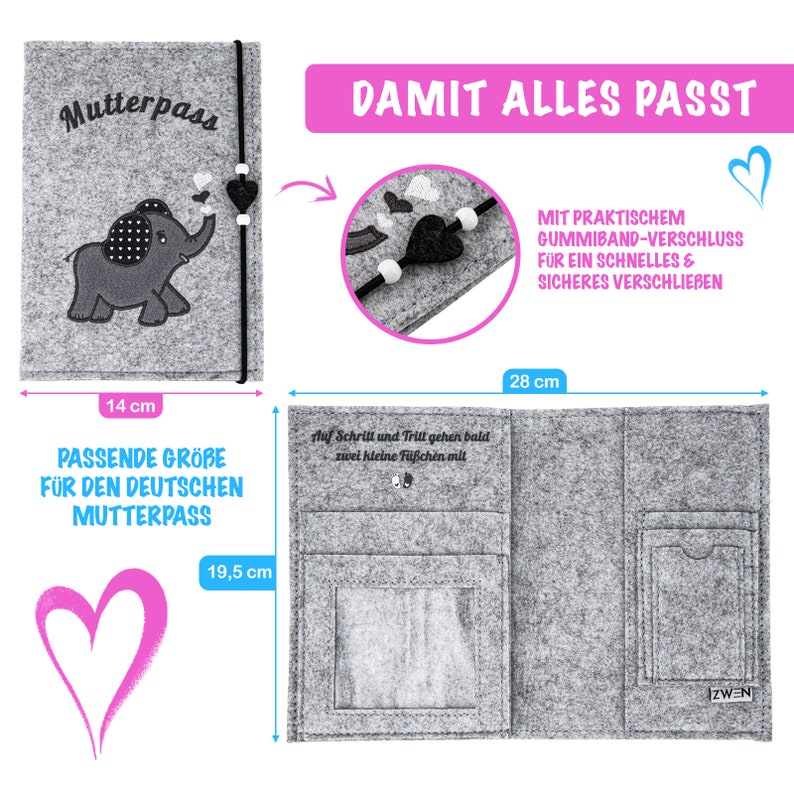 Mutterpasshülle aus Filz mit Elefant Stickerei Mutterpass Organizer / Hülle Mutterpasshülle aus Stoff personalisierbar mit Bild, Elefant Bild 2