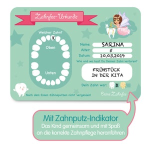 May include: A green and pink tooth fairy certificate with a tooth chart, a tooth fairy illustration, and the text "Lahnfee-Urkunde". The certificate is for a child named Sarina, who lost a tooth at age 5 on March 10, 2019. The text also says "Fr&uuml;hst&uuml;ck in der Kita" which means "breakfast at daycare".
