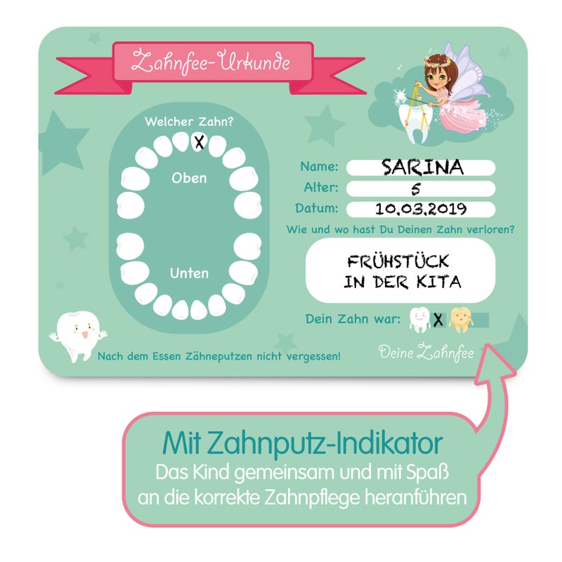 May include: A green and pink tooth fairy certificate with a tooth chart, a tooth fairy illustration, and the text "Lahnfee-Urkunde". The certificate is for a child named Sarina, who lost a tooth at age 5 on March 10, 2019. The text also says "Fr&uuml;hst&uuml;ck in der Kita" which means "breakfast at daycare".