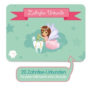 May include: A set of 20 tooth fairy certificates, featuring a cartoon tooth fairy with wings and a tooth, with the text "20 Tooth Fairy Certificates" and "For every milk tooth a certificate".