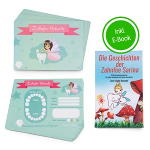 May include: A set of ten tooth fairy certificates with a tooth fairy illustration and a chart for recording lost teeth. The certificates are light blue with pink accents. The set also includes a book titled "Die Geschichten der Zahnfee Sarina" with a tooth fairy illustration on the cover.