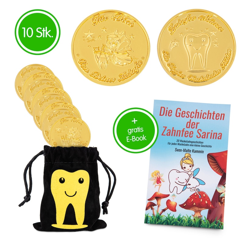K&ouml;nnte beinhalten: Ein Set mit 10 goldfarbenen Zahnfeem&uuml;nzen in einem schwarzen Samtbeutel mit einem l&auml;chelnden Zahnmotiv. Die M&uuml;nzen zeigen eine Fee mit Fl&uuml;geln und einem Zahn. Zum Set geh&ouml;rt auch ein Buch mit dem Titel "Die Geschichten der Zahnfee Sarina" mit einer farbenfrohen Illustration einer Fee auf einem Pilz.