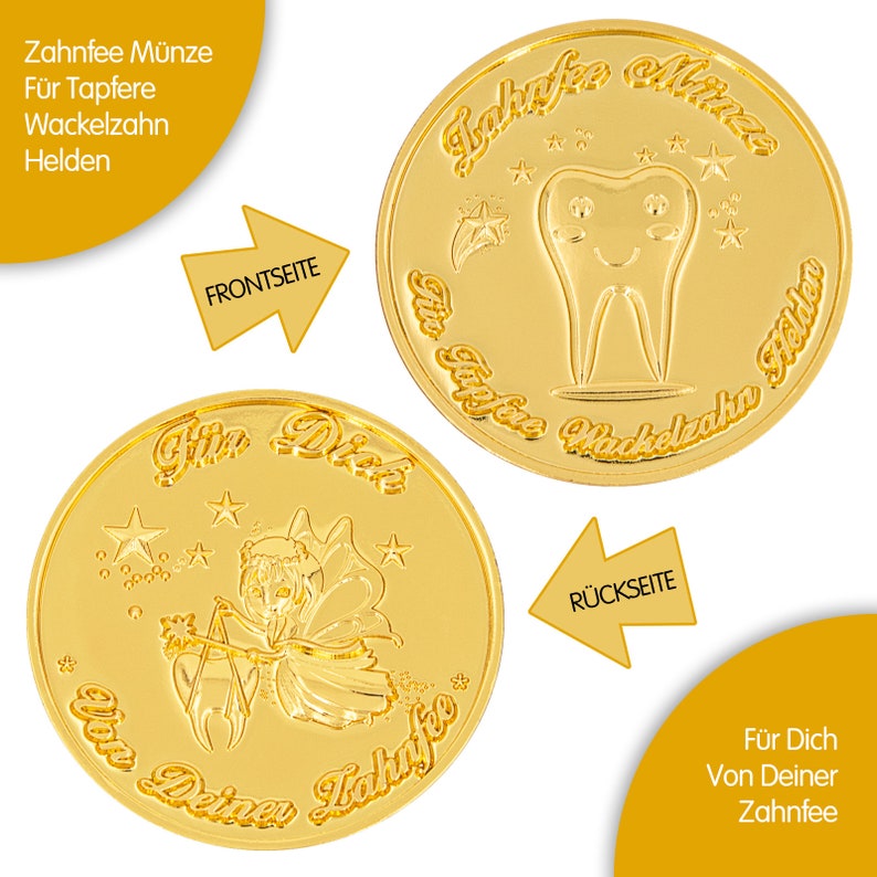 K&ouml;nnte beinhalten: Zwei goldfarbene M&uuml;nzen mit einem Zahnfee-Motiv. Die Vorderseite zeigt einen l&auml;chelnden Zahn mit dem Text "Zahnfee M&uuml;nze F&uuml;r Tapfere Wackelzahn Helden". Die R&uuml;ckseite zeigt eine Zahnfee mit Fl&uuml;geln und einem Zauberstab, mit dem Text "F&uuml;r Dich Von Deiner Zahnfee".