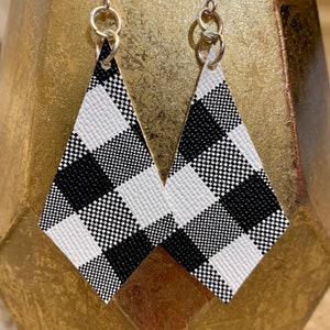Triangle Shaped Earrings Black and White Geometric Earrings Buffalo Plaid Peaks and Valleys Layered Triangle Leather and Metal Earrings