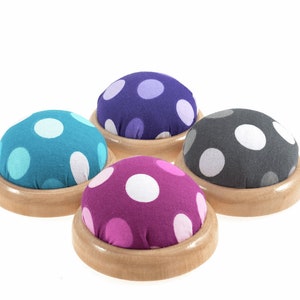 Funky Polkadot Pin Cushion with wooden base. Pincushion sewing or craft gift. Stocking filler.