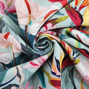 Tropical Flowers 100% Viscose Challis dress fabric by Little Johnny