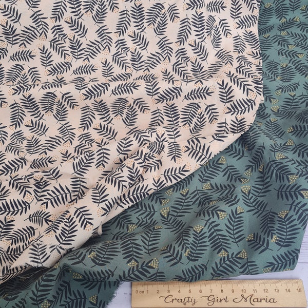 Smoke Green/cream Twigs Rameaux 100% viscose woven dressmaking fabric. By Cousette. Per 1/2m