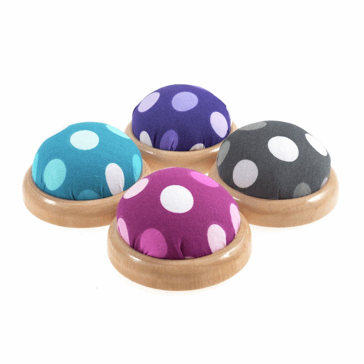 Funky Polkadot Pin Cushion with wooden base. Pincushion sewing or craft gift. Stocking filler.