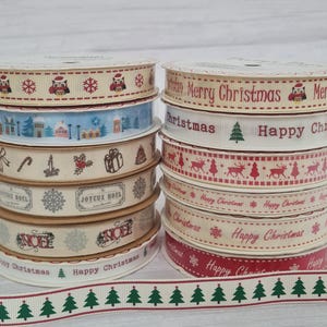 Christmas ribbon by Bertie&#39;s Bows. 9-16mm wide 3m/5 m/20 m/25 m reel.