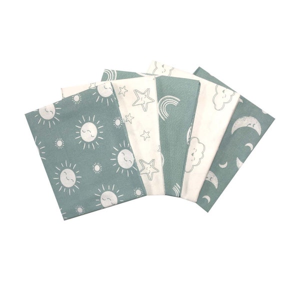 Sky Above Sage green Bundle of 5 cotton fat quarter babies quilting fabrics. Kids, nursery