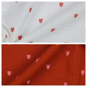 Embroidered Heart Cotton Double Gauze Muslin dress fabric by Poppy  x half metre