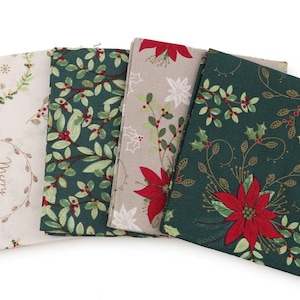 Confezione da 4 pezzi di tessuto per quilting in cotone con motivo tradizionale natalizio Poinsettia.