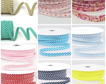 Patterned flanged 10mm wide piping cord trim 2 mm. Floral and polkadot trim. Per Metre