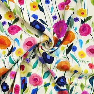 Tecido para costura floral Little Johnny Painted Flowers Viscose Challis, rolo com 40 cm de ponta
